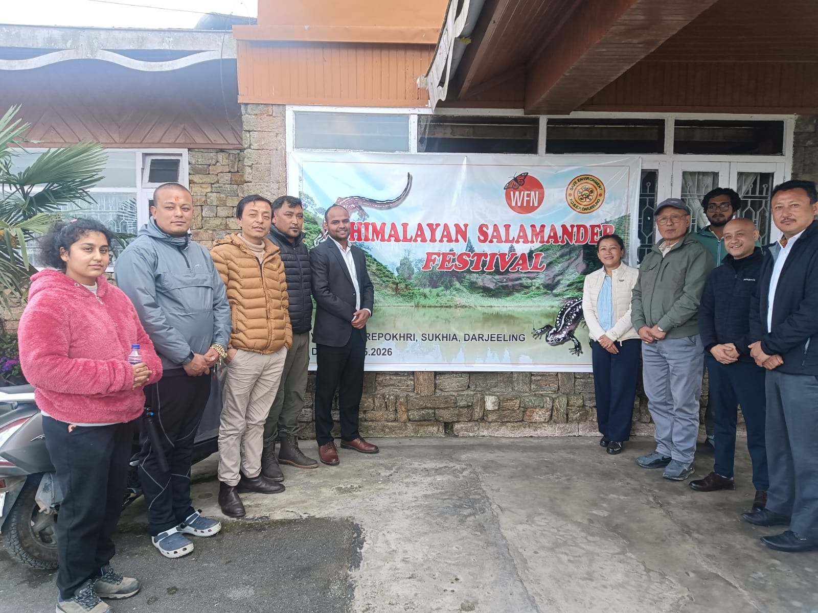 FOSEP members in front of a Himalayan Salamander Festival banner in Darjeeling